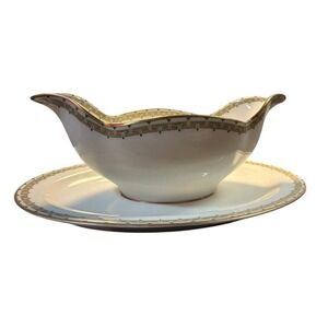 Haviland France Limoges Gravy Boat and Underplate Greek Key Gold Trim Porcelain
